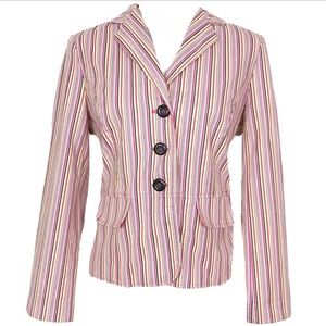 Vintage 90s Blazer Jacket Striped Fitted 3 Button Pink Blue Green White Cotton